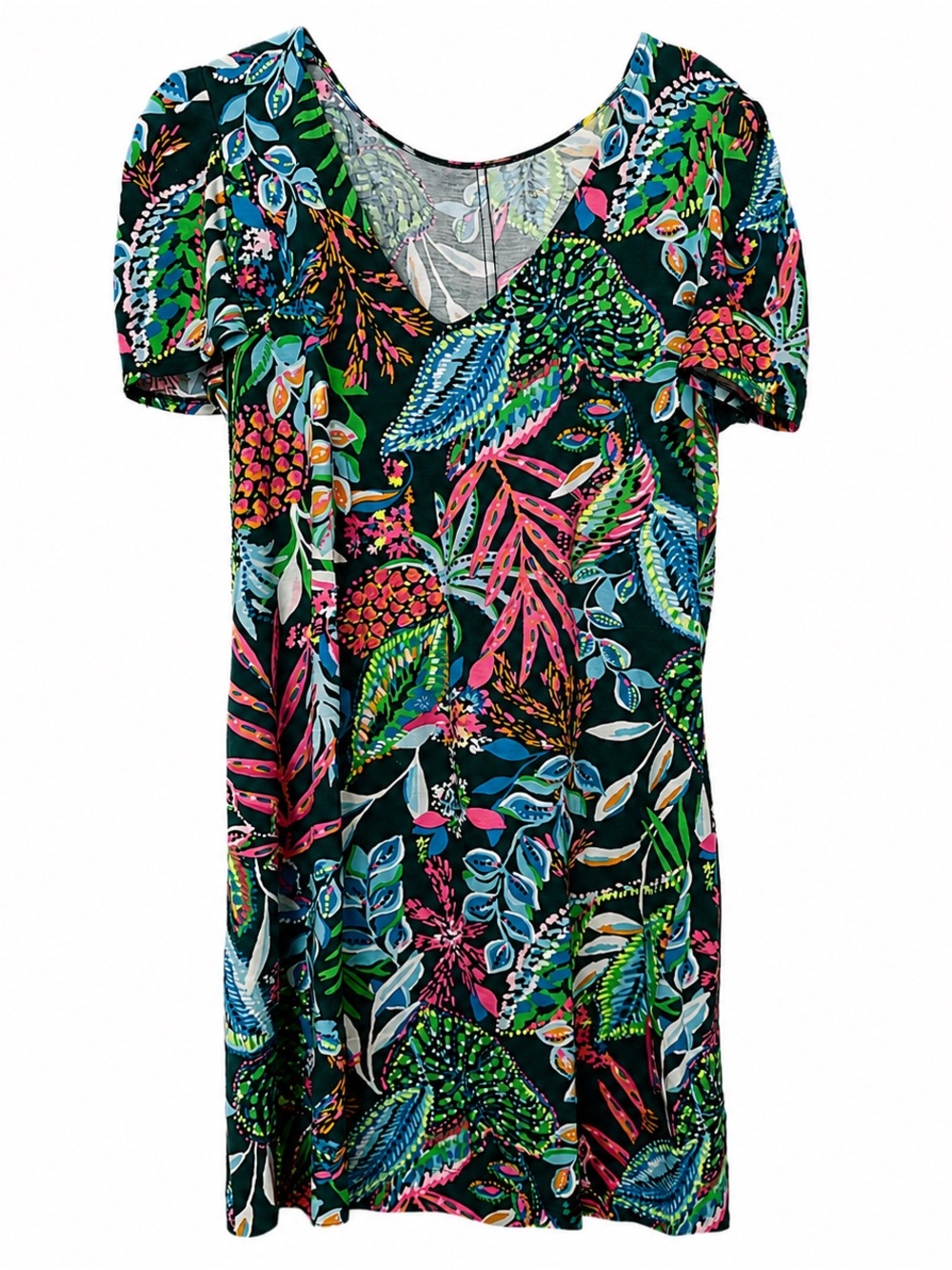 Lilly Pulitzer Navy Blue Multicolor Tropical Leaf V-Neck Dress